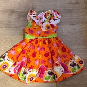 NWT Jelly the Pug Orange Floral Mixed Print Ruffle Tie Back Girls' Dress 2T